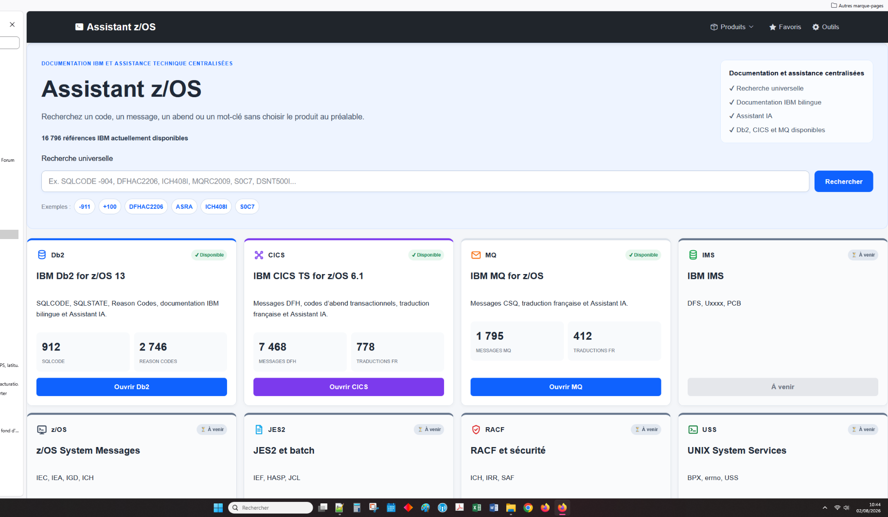 Capture réelle du portail Assistant z/OS avec recherche universelle et cartes produits